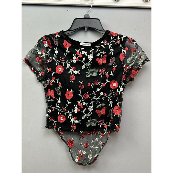 January‎ 7 Shirt Womens Small Black Floral Lace Velvet Pullover Top DarkFloral - Picture 1 of 7